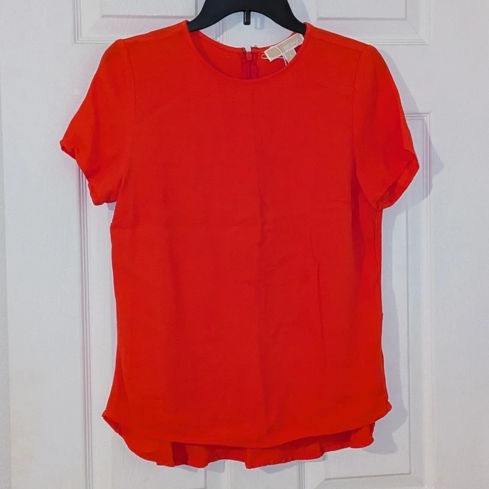 Michael Kors Red Orange Short Sleeve Peplum Blouse Crew Neck Crepe Top Small‎